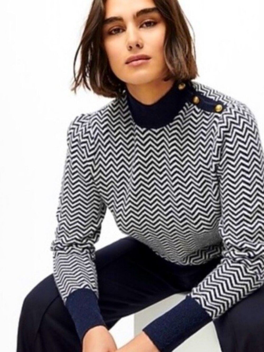 J. Crew Womens Blue Chevron Button Detail Mock Neck Alpaca Blend Sweater